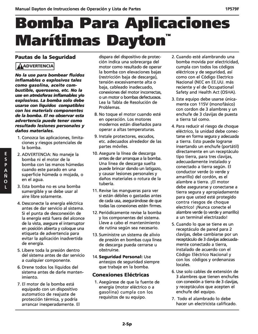 Dayton 1P579F Pautas de la Seguridad, Conexiones Eléctricas, Manual Dayton de Instrucciones de Operación y Lista de Partes 