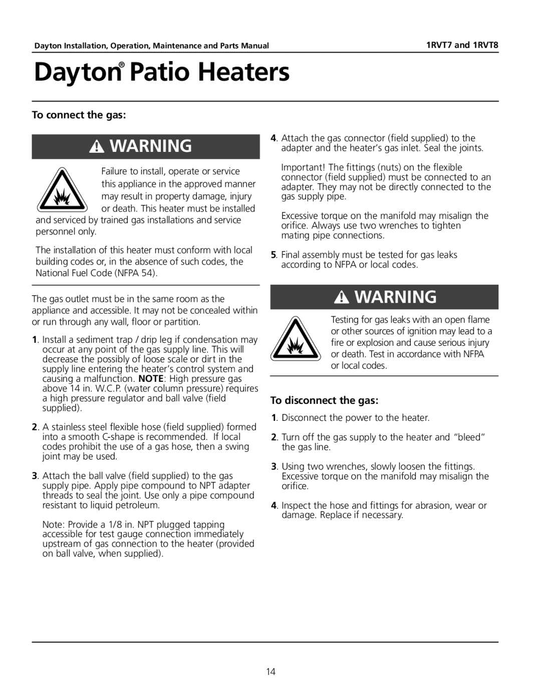 Dayton 1RVT8, 1RVT7 manual To connect the gas, To disconnect the gas 