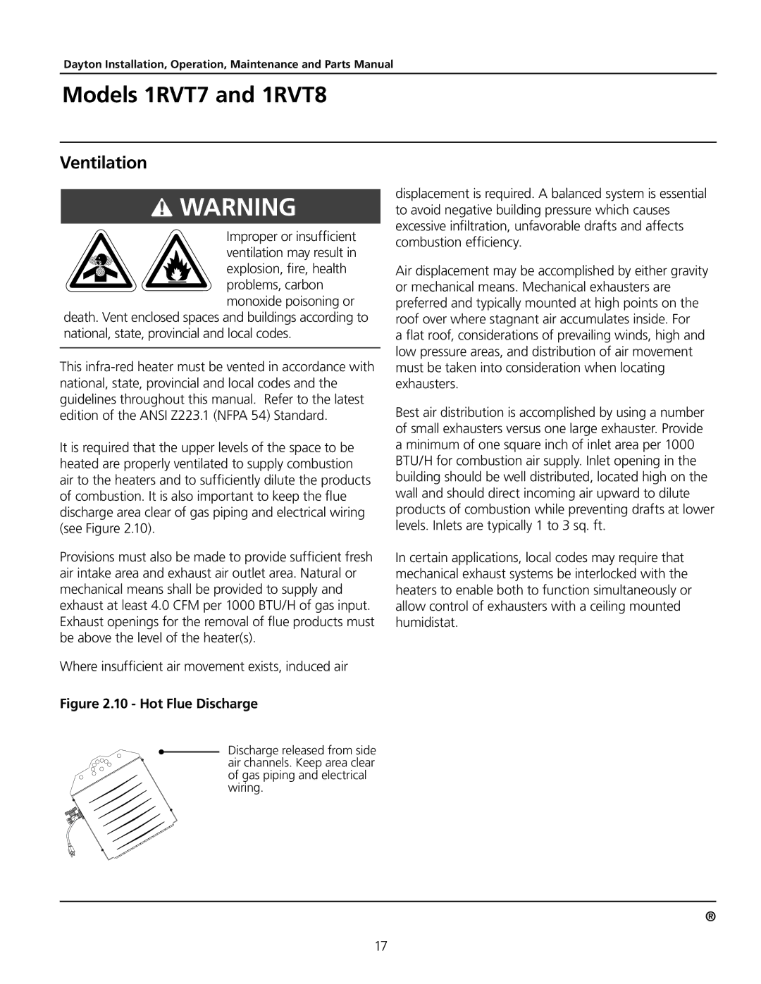 Dayton 1RVT7, 1RVT8 manual Ventilation, Where insufficient air movement exists, induced air 