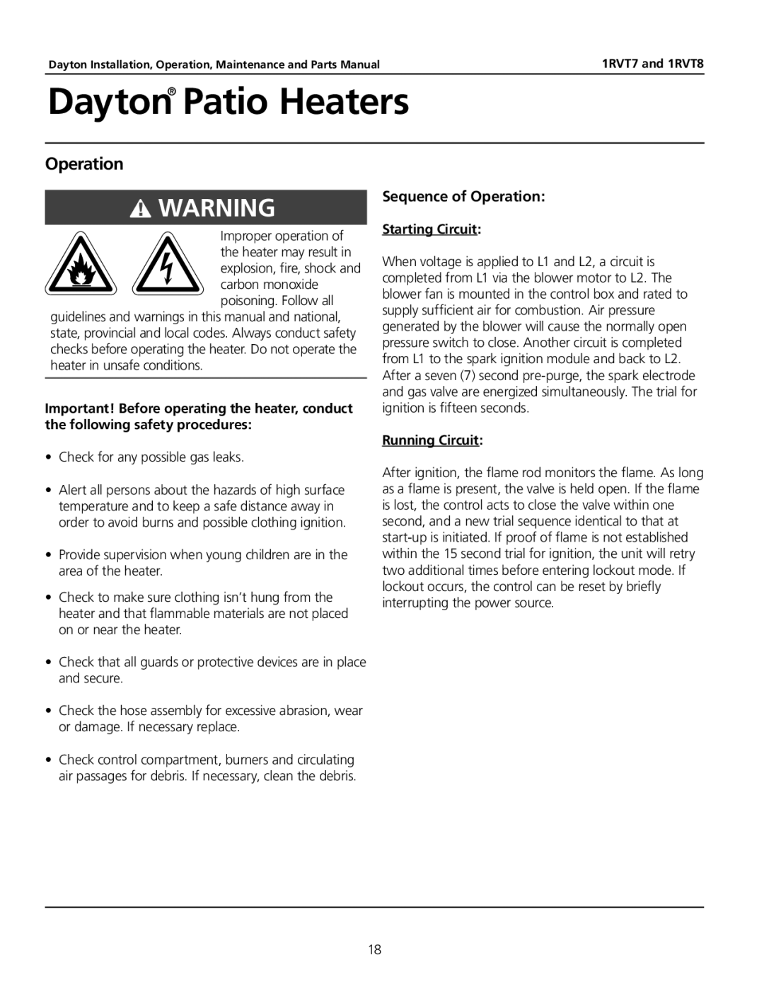 Dayton 1RVT8, 1RVT7 manual Sequence of Operation, Check for any possible gas leaks, Starting Circuit, Running Circuit 