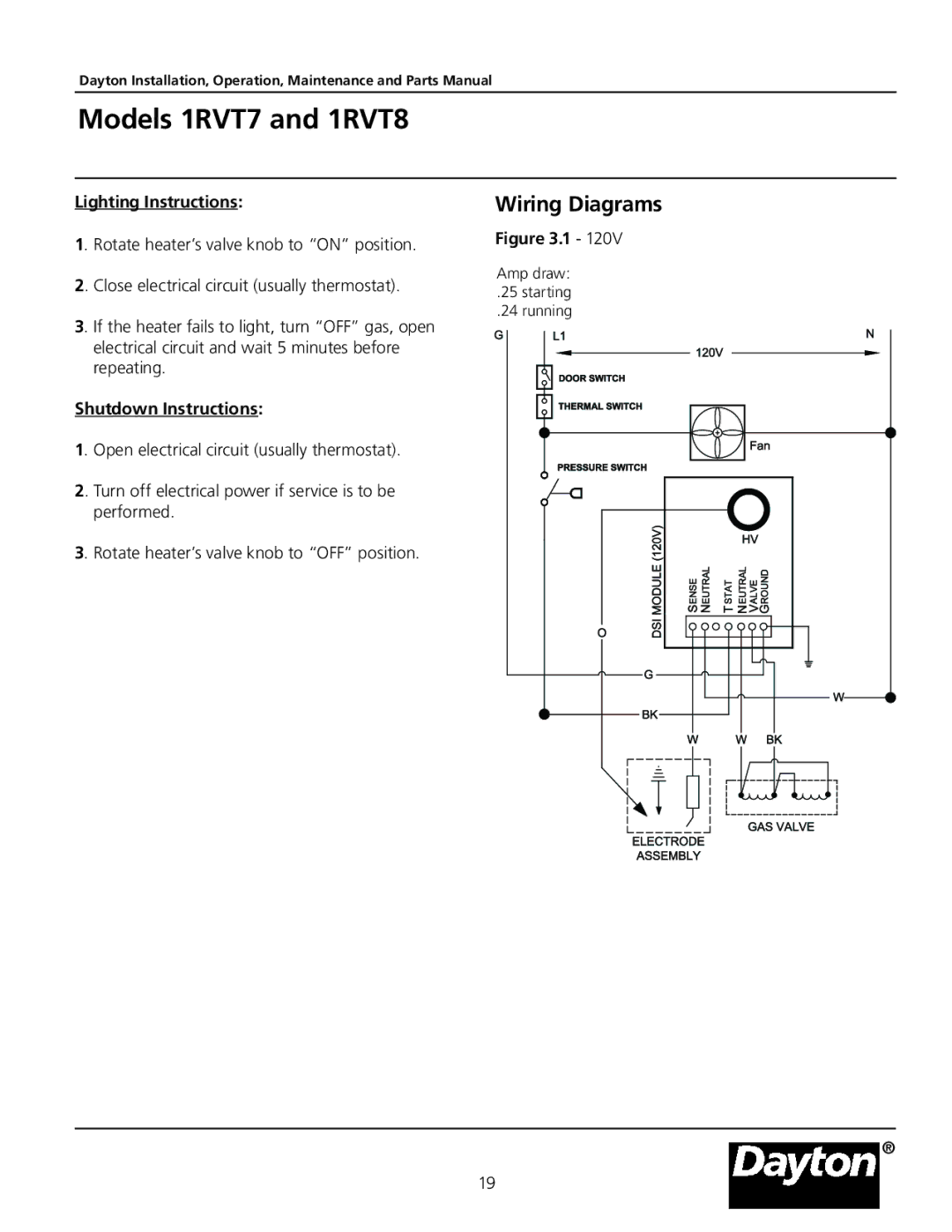 Dayton 1RVT7, 1RVT8 manual Wiring Diagrams, Lighting Instructions, Shutdown Instructions 