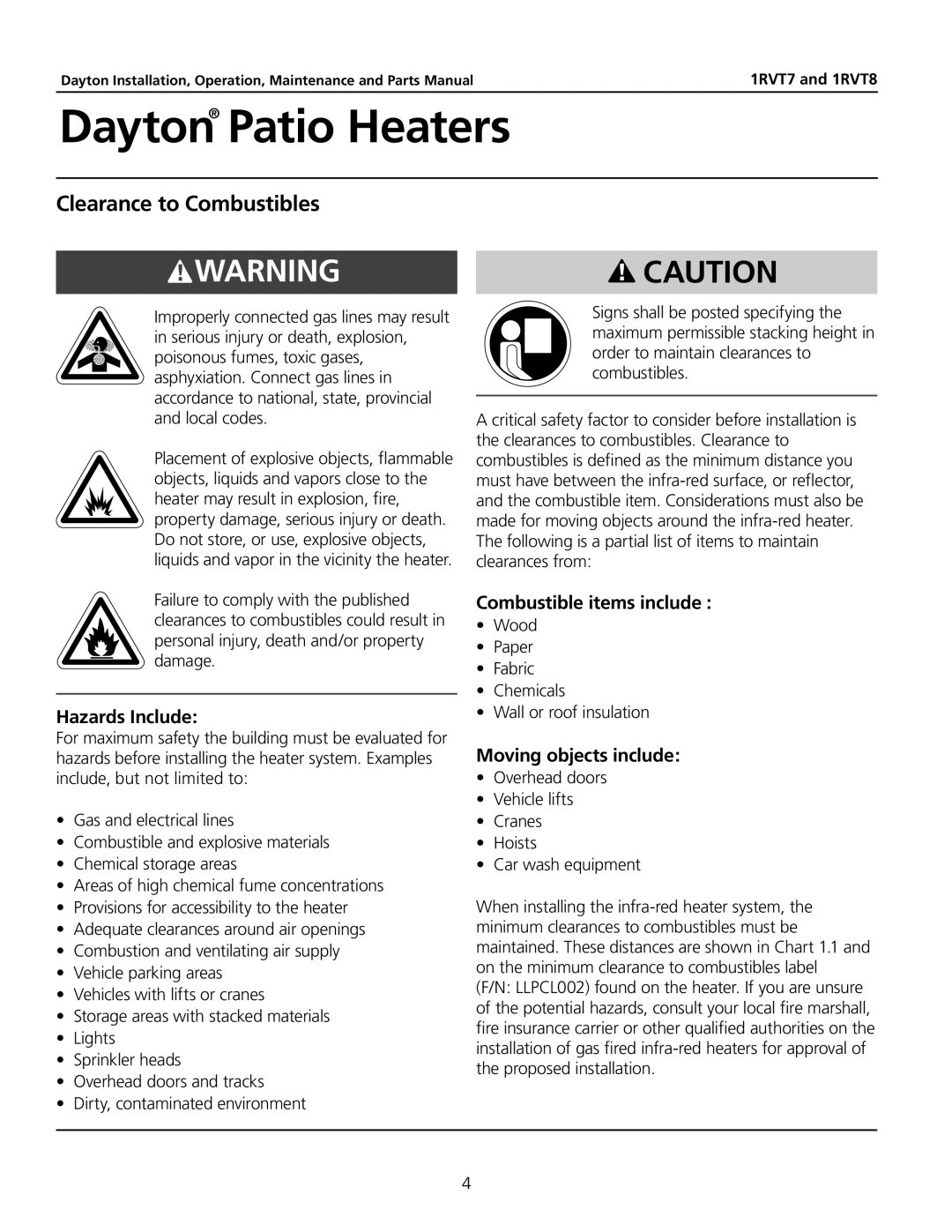 Dayton 1RVT8, 1RVT7 manual Clearance to Combustibles, Hazards Include, Combustible items include, Moving objects include 