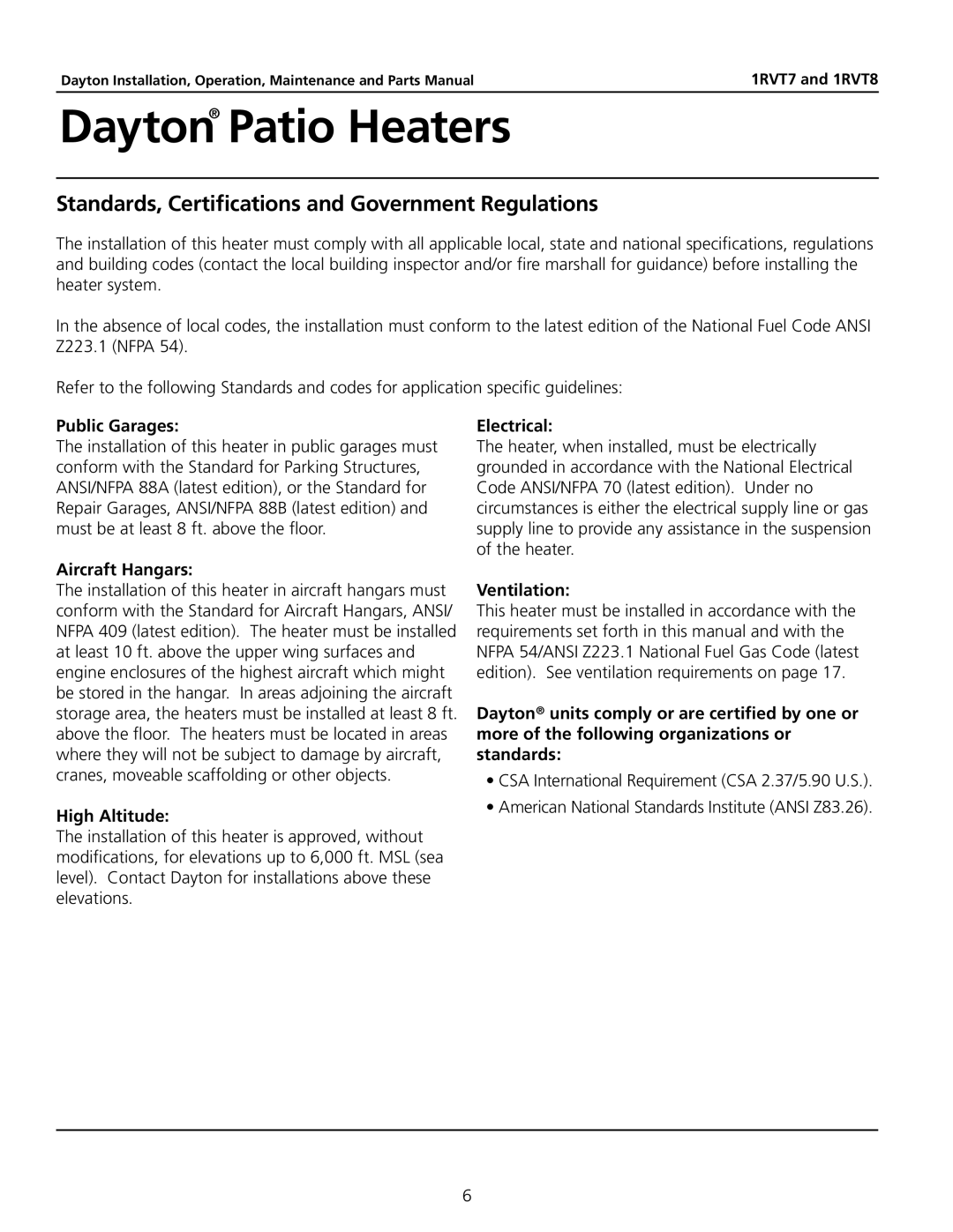 Dayton 1RVT8, 1RVT7 manual Standards, Certifications and Government Regulations 