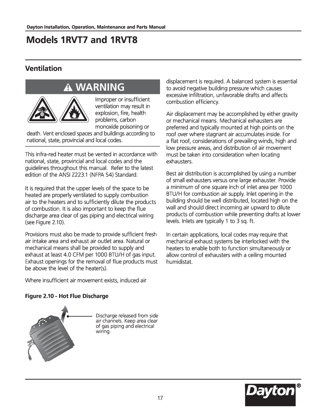 Dayton manual Ventilation, Models 1RVT7 and 1RVT8, 10 - Hot Flue Discharge 