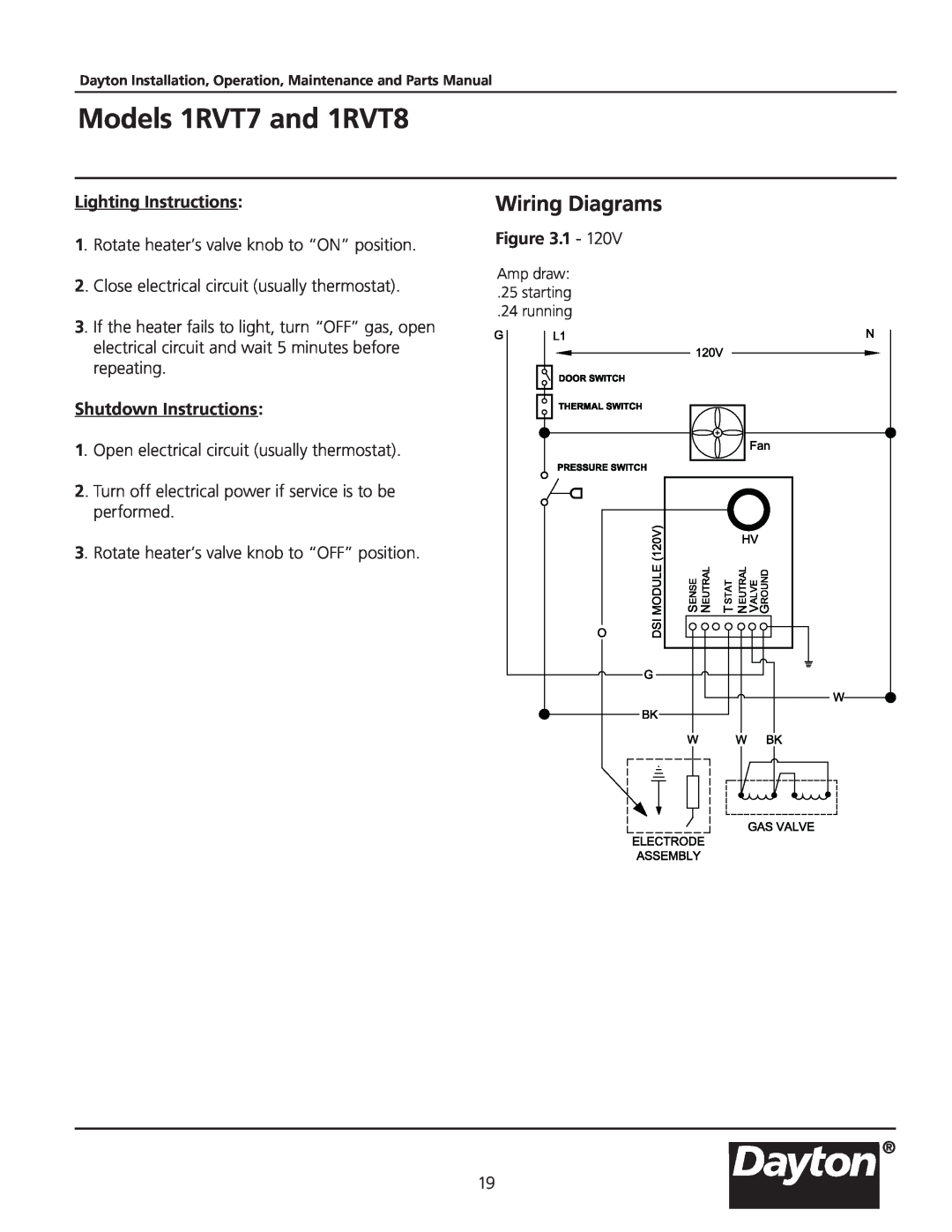 Dayton manual Wiring Diagrams, Models 1RVT7 and 1RVT8, Lighting Instructions, Shutdown Instructions 