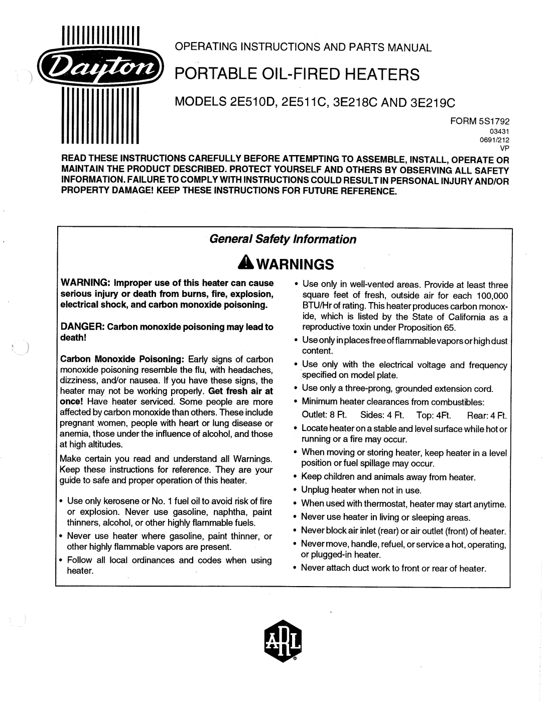Dayton 2E511C manual 