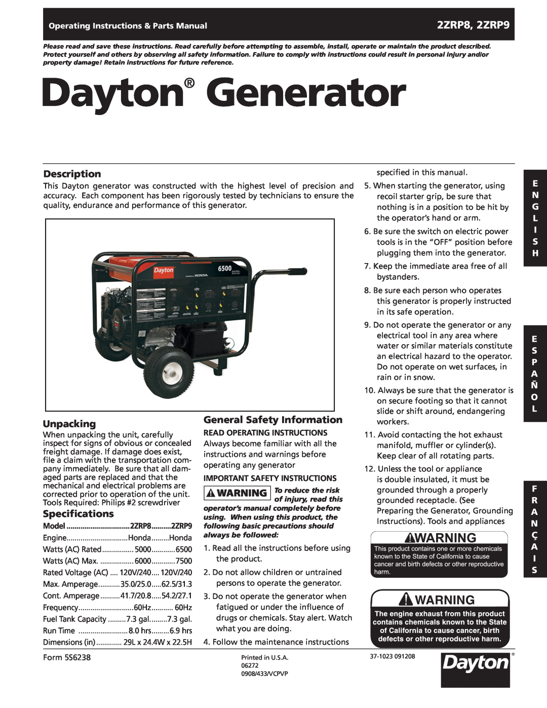 Dayton specifications Dayton Generator, 2ZRP8, 2ZRP9, Description, General Safety Information, Unpacking 