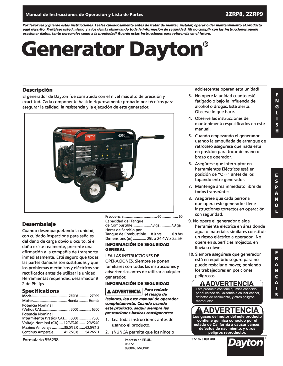 Dayton Generator Dayton, Descripción, Desembalaje, 2ZRP8, 2ZRP9, Specifications, Información de Seguridad, General 