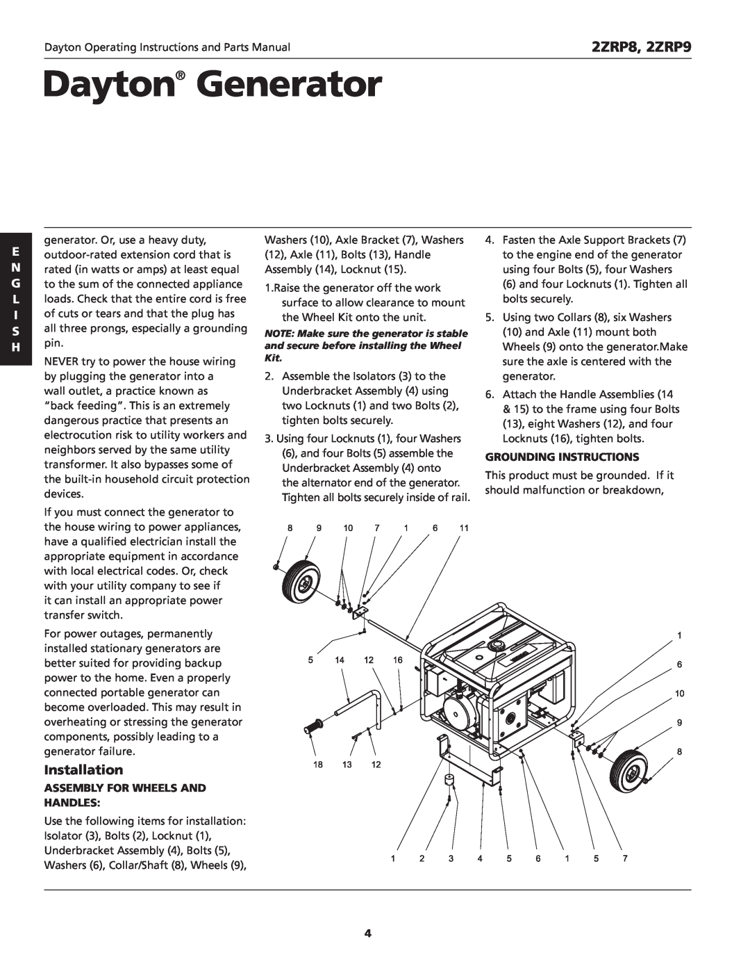 Dayton Installation, Dayton Generator, 2ZRP8, 2ZRP9, Assembly For Wheels And Handles, Grounding Instructions 