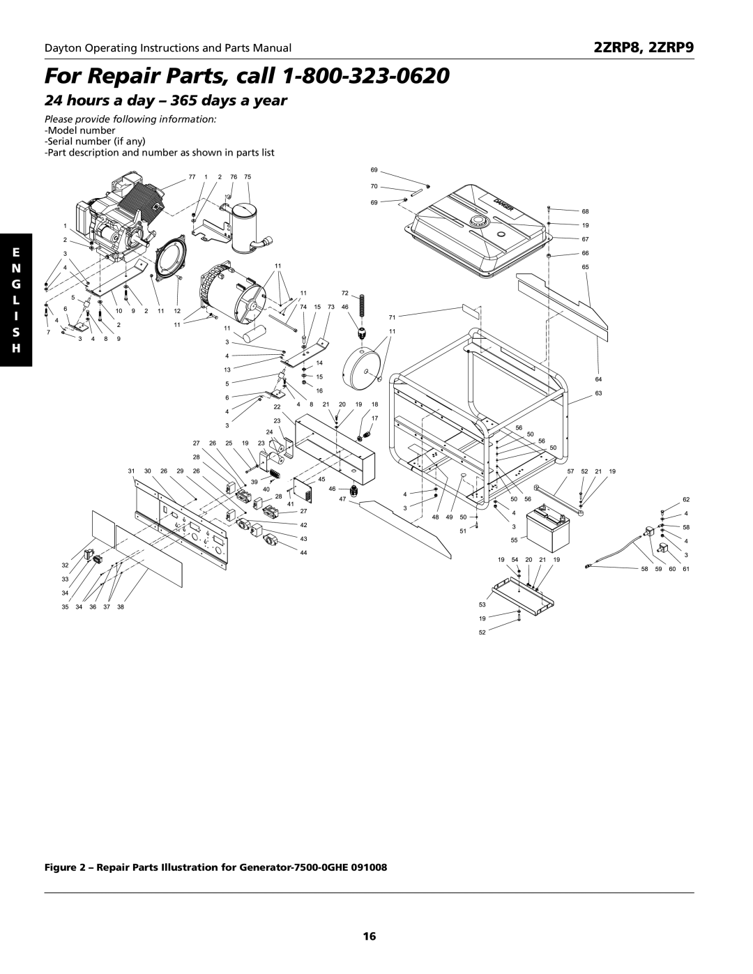 Dayton 2ZRP9, 2ZRP8 specifications Repair Parts Illustration for Generator-7500-0GHE 