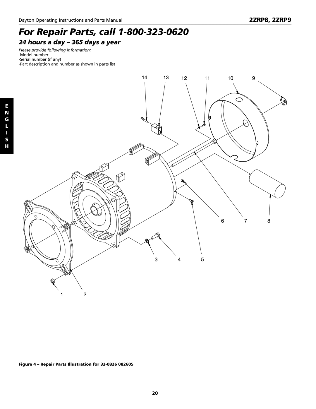 Dayton 2ZRP9, 2ZRP8 specifications Repair Parts Illustration for 32-0826 