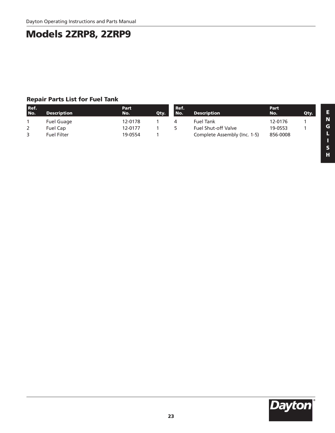 Dayton 2ZRP8, 2ZRP9 specifications Repair Parts List for Fuel Tank 