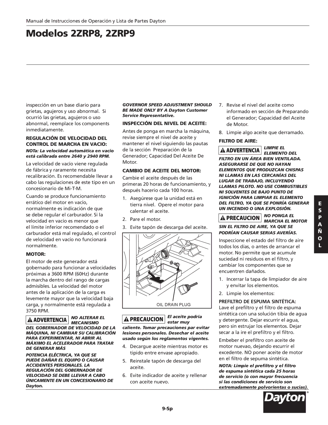 Dayton 2ZRP8 Regulación de velocidad del control de marcha en vacio, Motor, InspecciÓn del nivel de aceite, Filtro de aire 