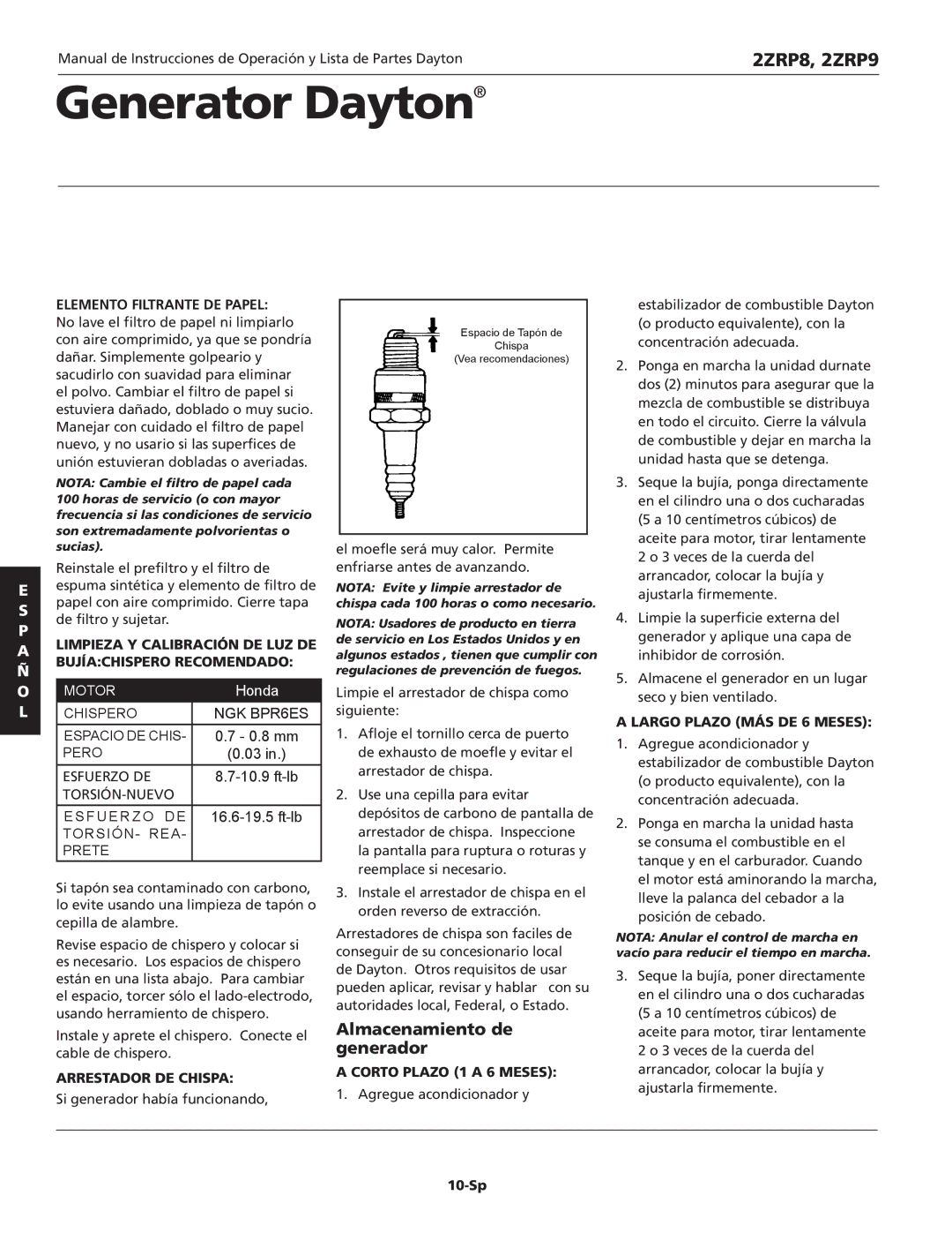 Dayton 2ZRP9, 2ZRP8 specifications Almacenamiento de generador, Arrestador DE Chispa 