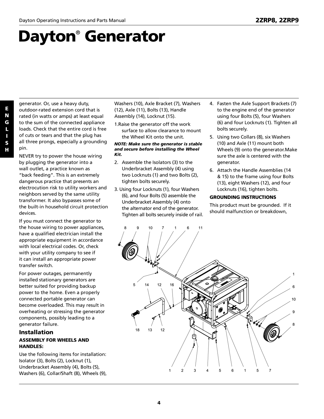 Dayton 2ZRP9, 2ZRP8 specifications Installation, Assembly for Wheels Handles, Grounding Instructions 