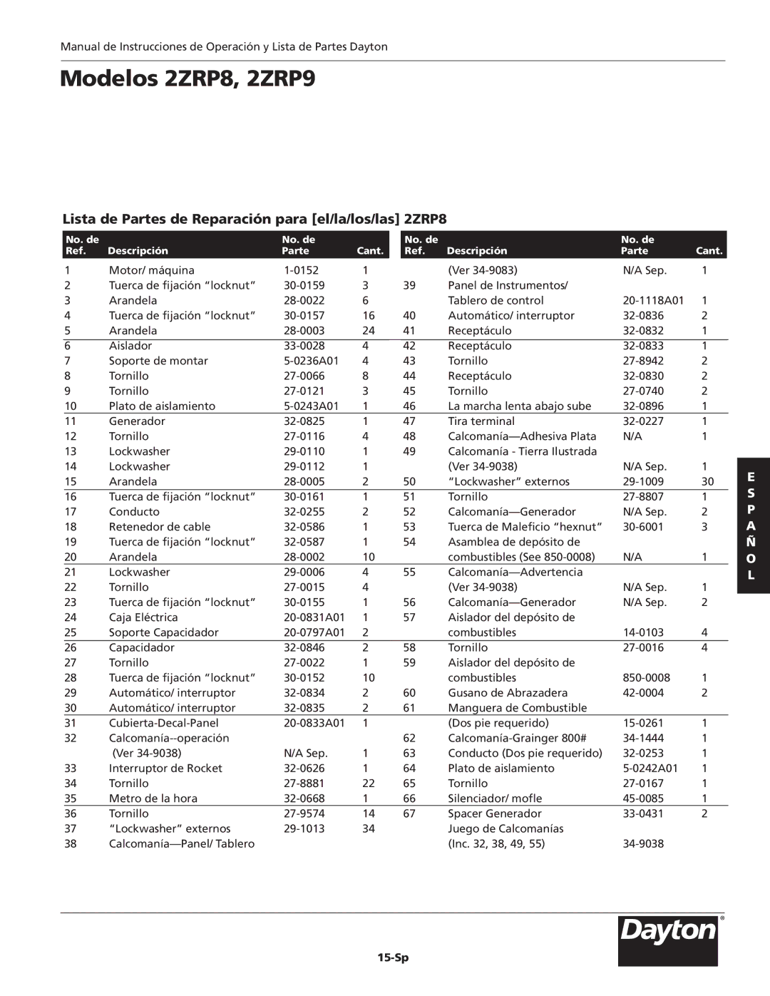 Dayton 2ZRP9 specifications Lista de Partes de Reparación para el/la/los/las 2ZRP8, 15-Sp 