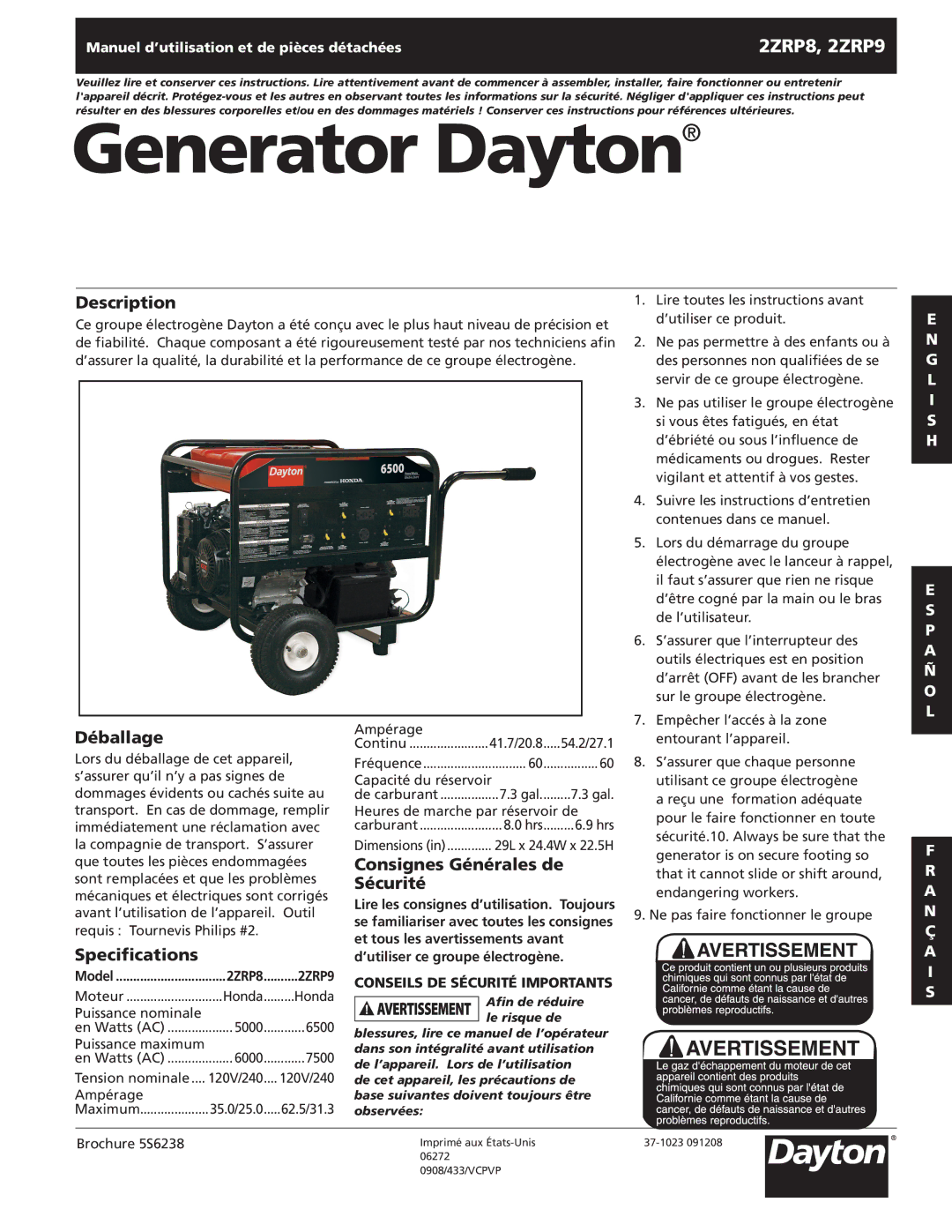 Dayton 2ZRP8, 2ZRP9 specifications Déballage, Consignes Générales de Sécurité 