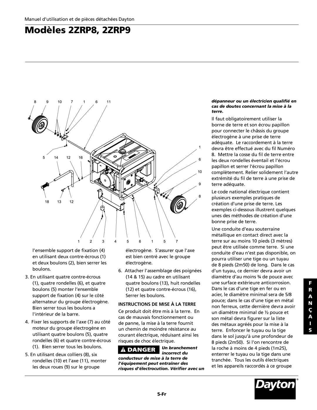 Dayton 2ZRP8, 2ZRP9 specifications Instructions de mise À la terre 