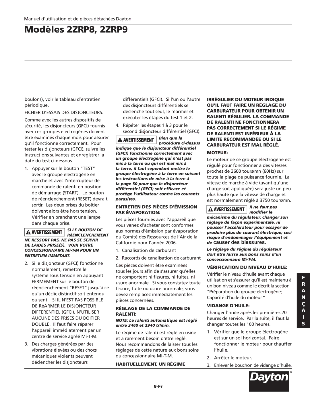 Dayton 2ZRP8 Entretien des pièces d’émission par évaporation, RéGLAGE DE LA Commande DE Ralenti, Moteur, Vidange D’HUILE 