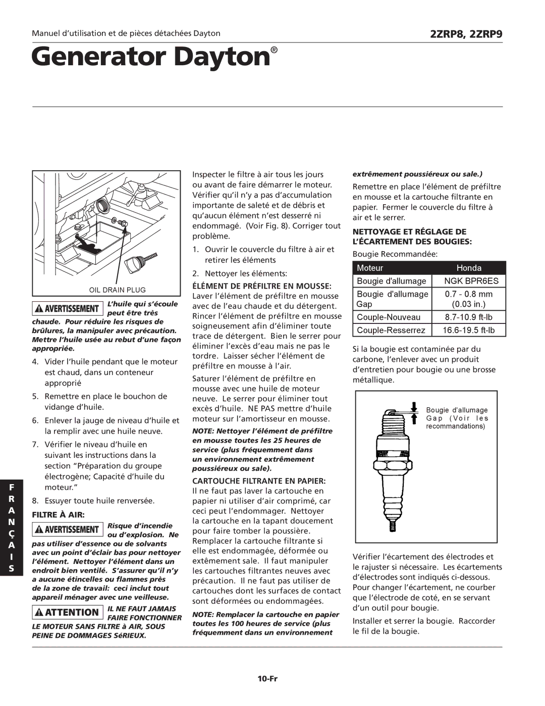 Dayton 2ZRP9, 2ZRP8 specifications Nettoyage et Réglage de l’écartement des bougies, 10-Fr 