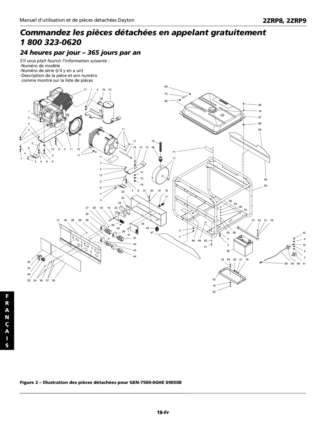 Dayton 2ZRP9, 2ZRP8 specifications 18-Fr, Illustration des pièces détachées pour GEN-7500-0GHE 