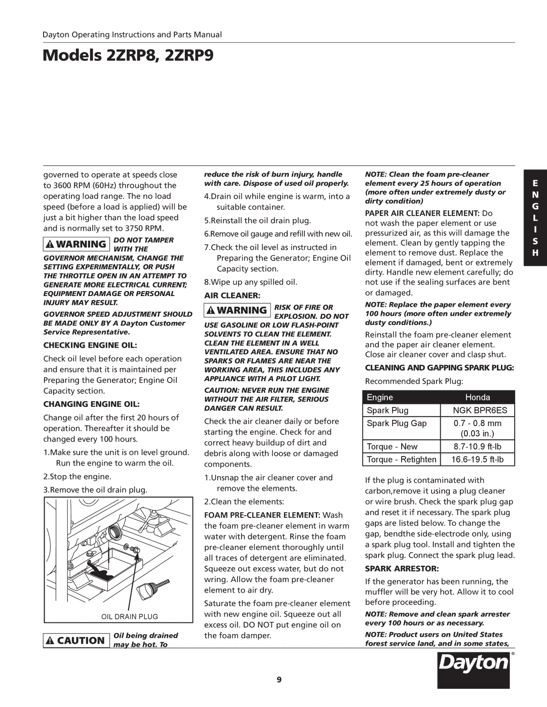 Dayton 2ZRP8, 2ZRP9 Checking Engine OIL, Changing Engine OIL, AIR Cleaner, Cleaning and Gapping Spark Plug, Spark Arrestor 