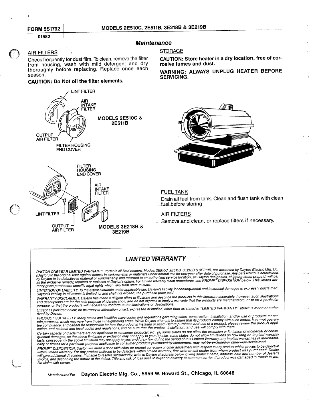 Dayton 2E511B, 3E218B, 3E219B, 2E510C manual 