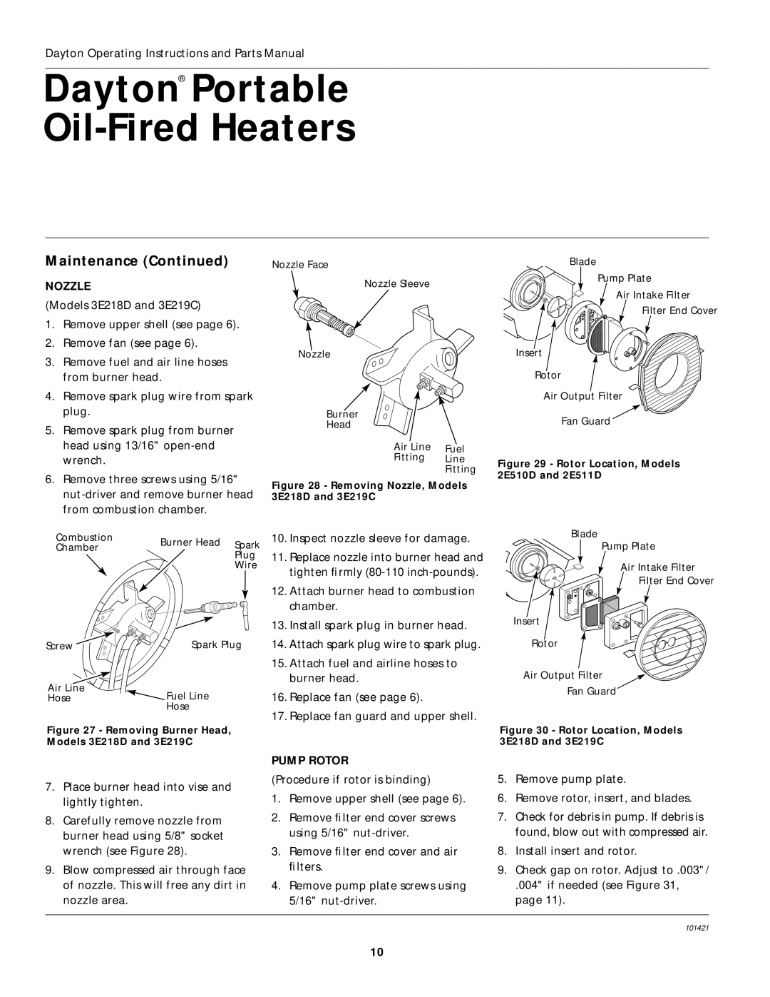 Dayton 2E511D specifications Pump Rotor, Removing Burner Head, Models 3E218D and 3E219C 