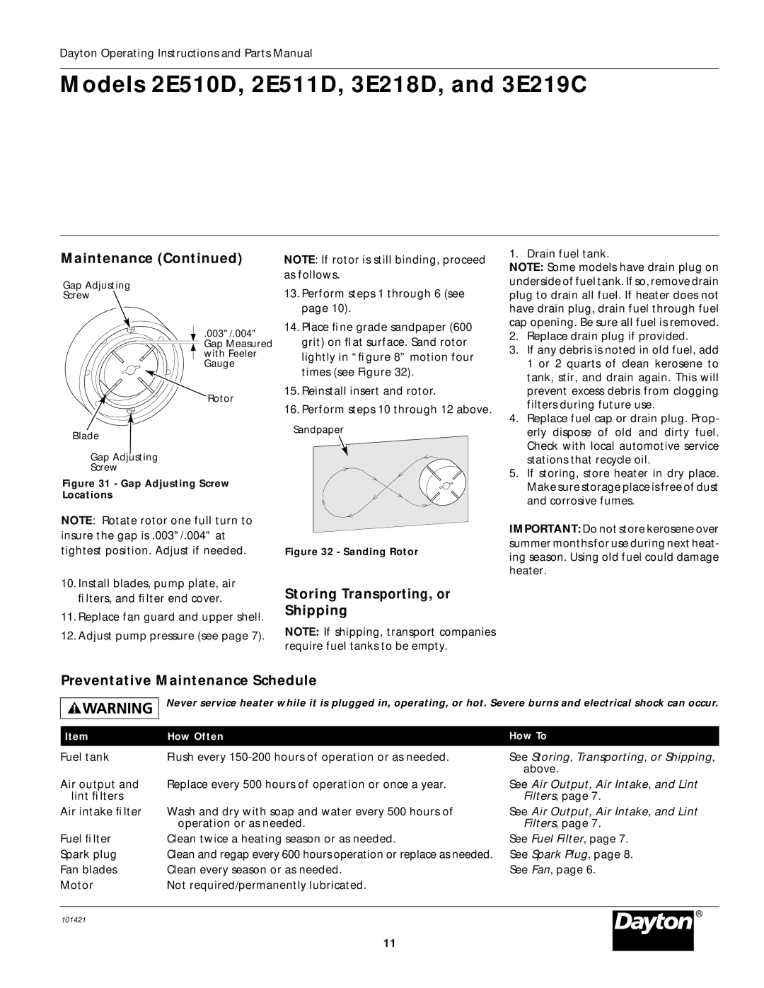 Dayton 3E218D, 3E219C, 2E511D specifications Storing Transporting, or Shipping, Preventative Maintenance Schedule 