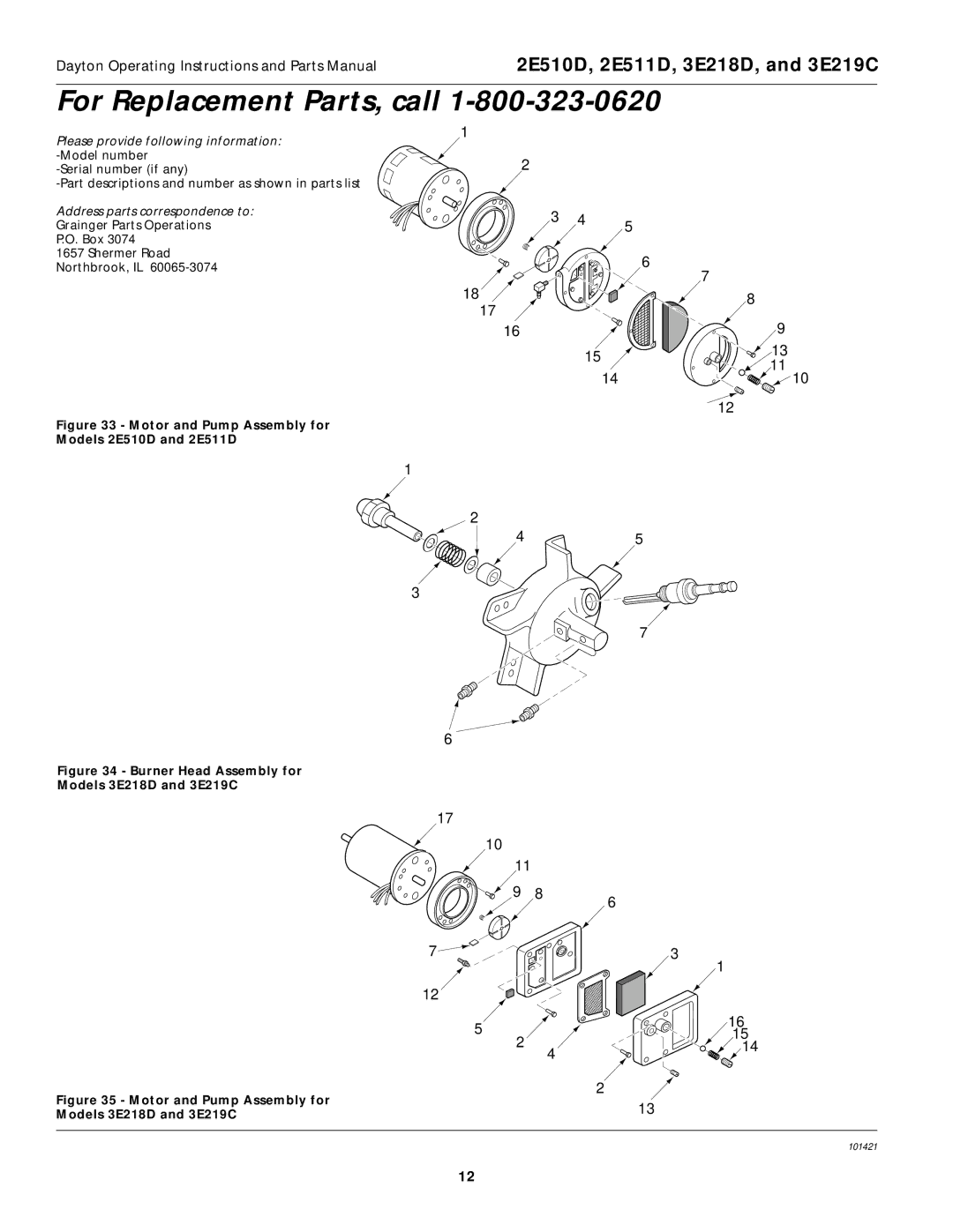 Dayton 3E219C, 2E511D, 3E218D specifications For Replacement Parts, call 