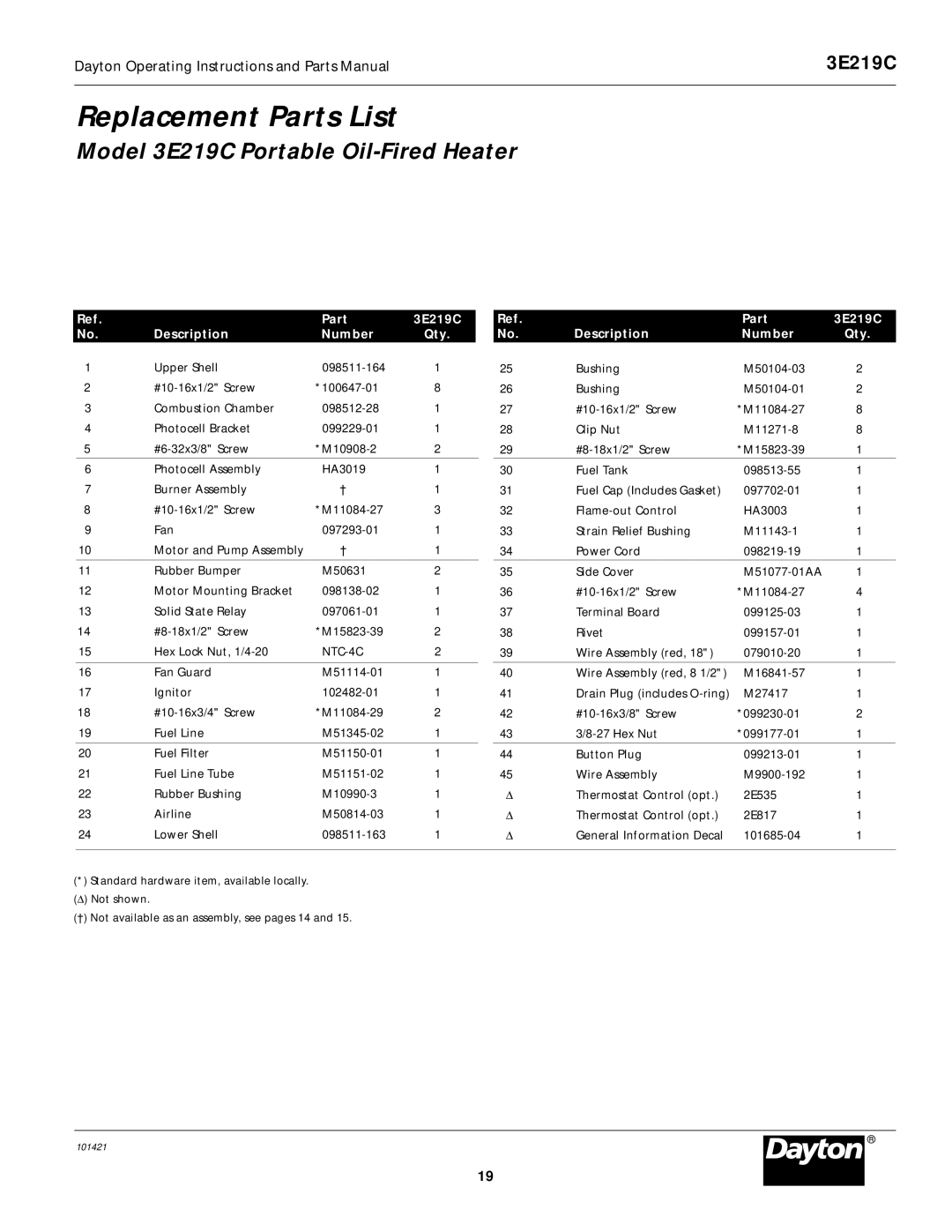 Dayton 2E511D, 3E218D specifications Model 3E219C Portable Oil-Fired Heater 