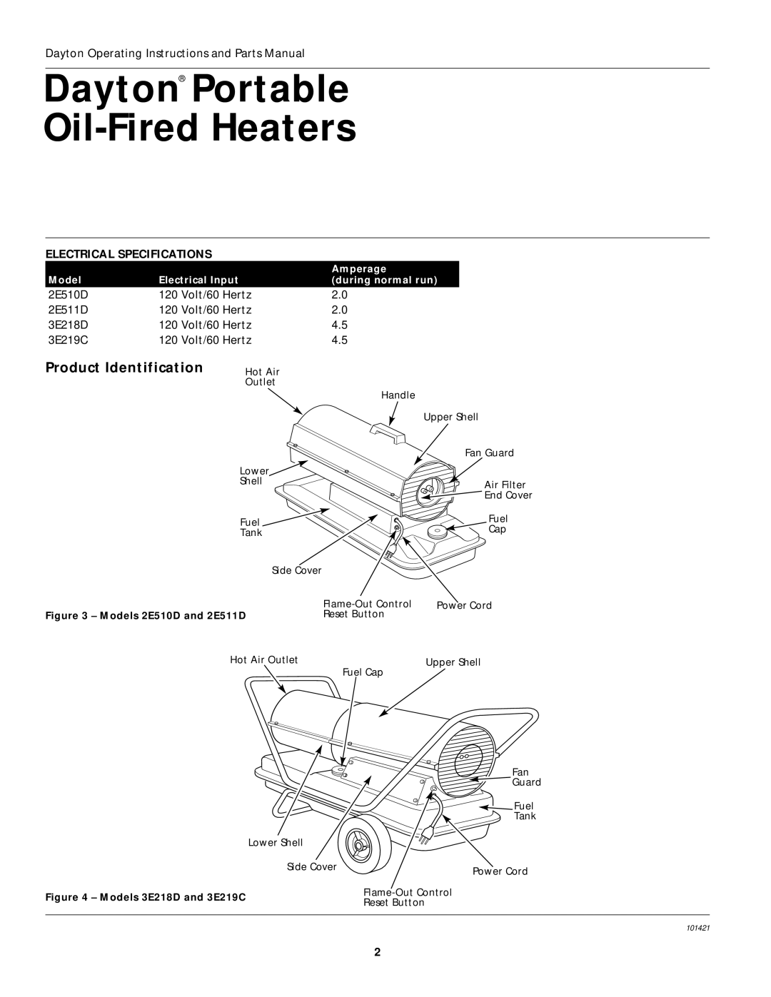 Dayton 3E218D, 3E219C, 2E511D specifications Product Identification, Electrical Specifications 