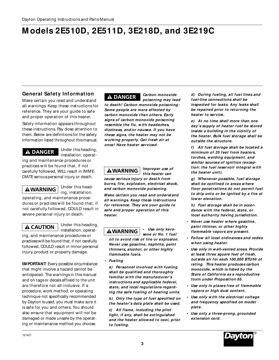 Dayton specifications Models 2E510D, 2E511D, 3E218D, and 3E219C, General Safety Information 