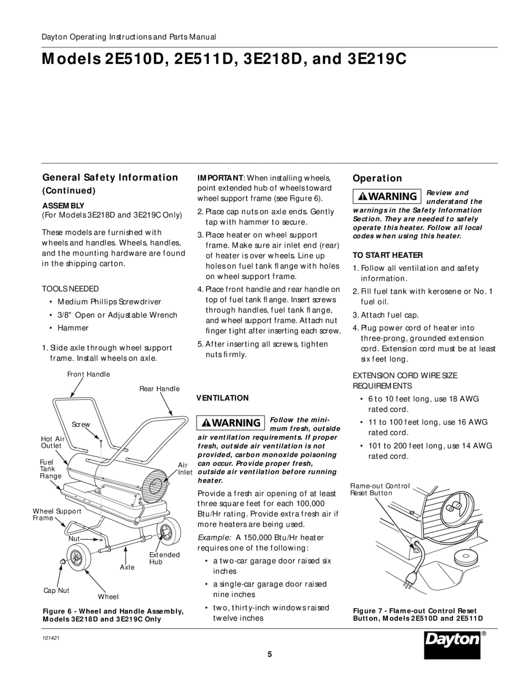 Dayton 3E218D, 3E219C, 2E511D specifications Operation, Assembly, Ventilation, To Start Heater 