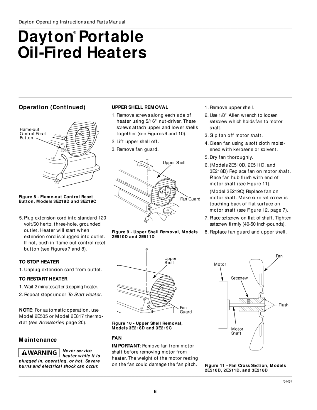 Dayton 3E219C, 2E511D, 3E218D specifications Maintenance, Upper Shell Removal, To Stop Heater, To Restart Heater, Fan 