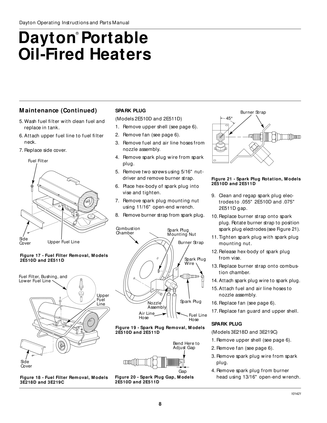 Dayton 3E218D, 3E219C specifications Spark Plug, Fuel Filter Removal, Models 2E510D and 2E511D 