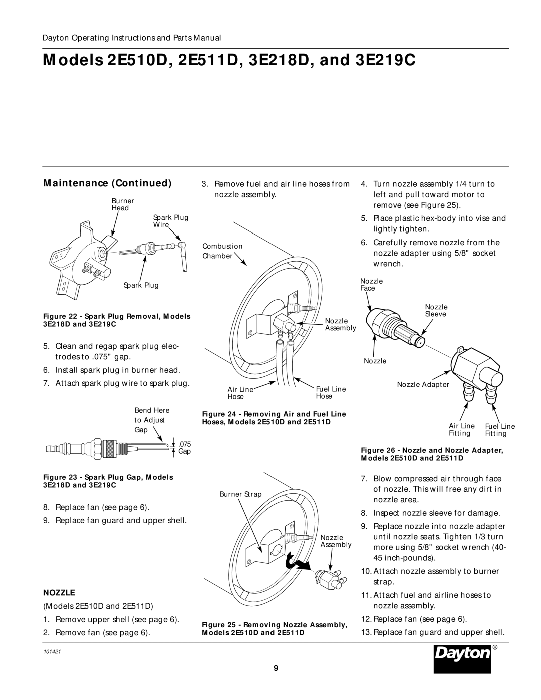 Dayton 3E219C, 2E511D, 3E218D specifications Attach spark plu g wire to spark plug, Nozzle 