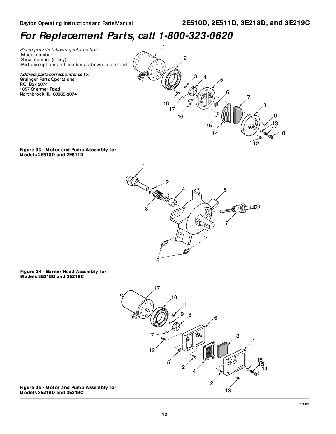 Dayton specifications For Replacement Parts, call, 2E510D, 2E511D, 3E218D, and 3E219C 