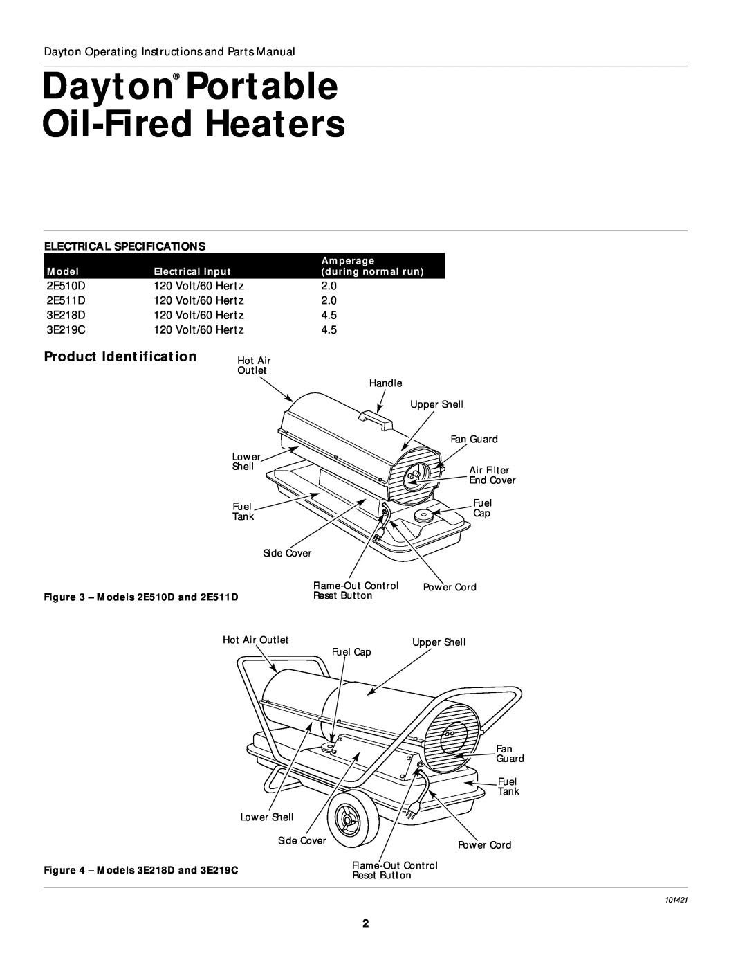 Dayton 3E218D, 3E219C, 2E511D Dayton Portable Oil-FiredHeaters, Product Identification, Electrical Specifications 