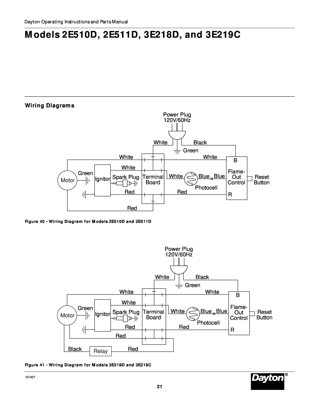 Dayton specifications Models 2E510D, 2E511D, 3E218D, and 3E219C, Wiring Diagrams 