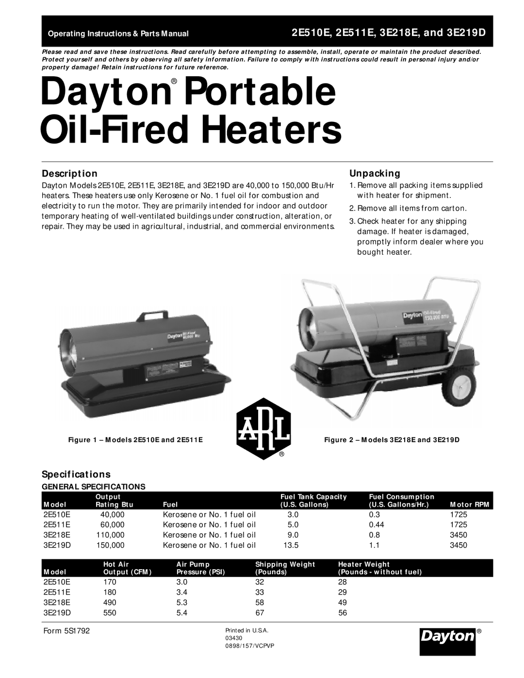 Dayton 2E510E, 3E219D, 2E511E specifications Description, Unpacking, General Specifications 