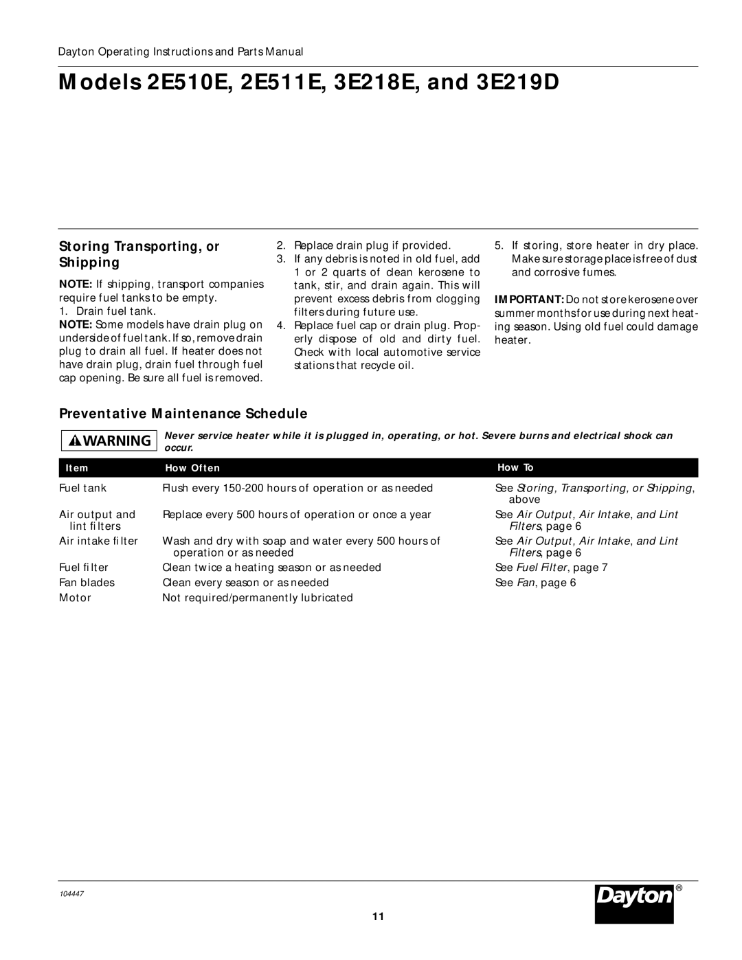 Dayton 2E511E, 3E219D, 2E510E specifications Storing Transporting, or Shipping, Preventative Maintenance Schedule 