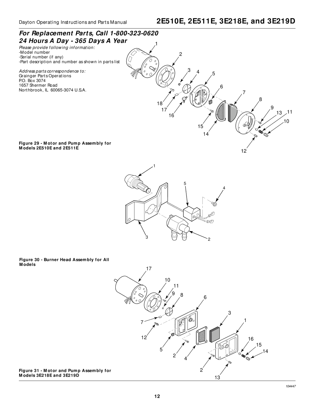 Dayton 3E219D, 2E510E, 2E511E specifications For Replacement Parts, Call Hours a Day 365 Days a Year 