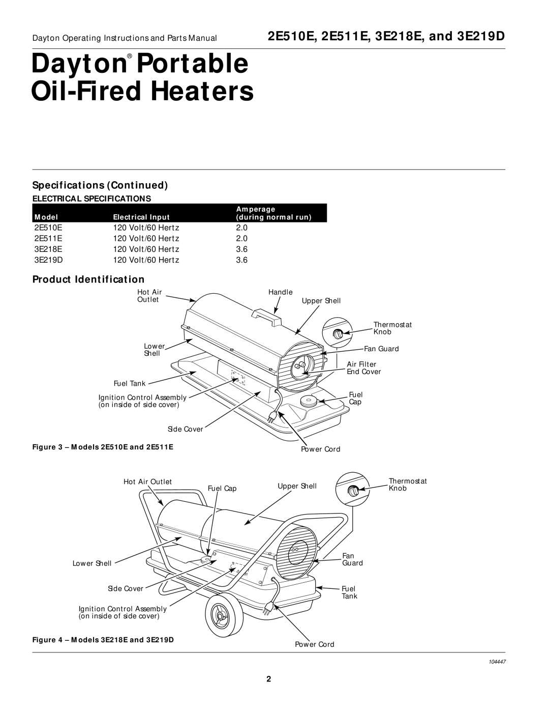 Dayton 2E511E, 3E219D, 2E510E specifications Product Identification, Electrical Specifications 