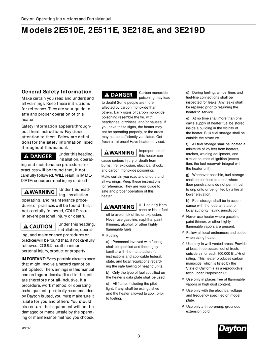 Dayton specifications Models 2E510E, 2E511E, 3E218E, and 3E219D, General Safety Information 