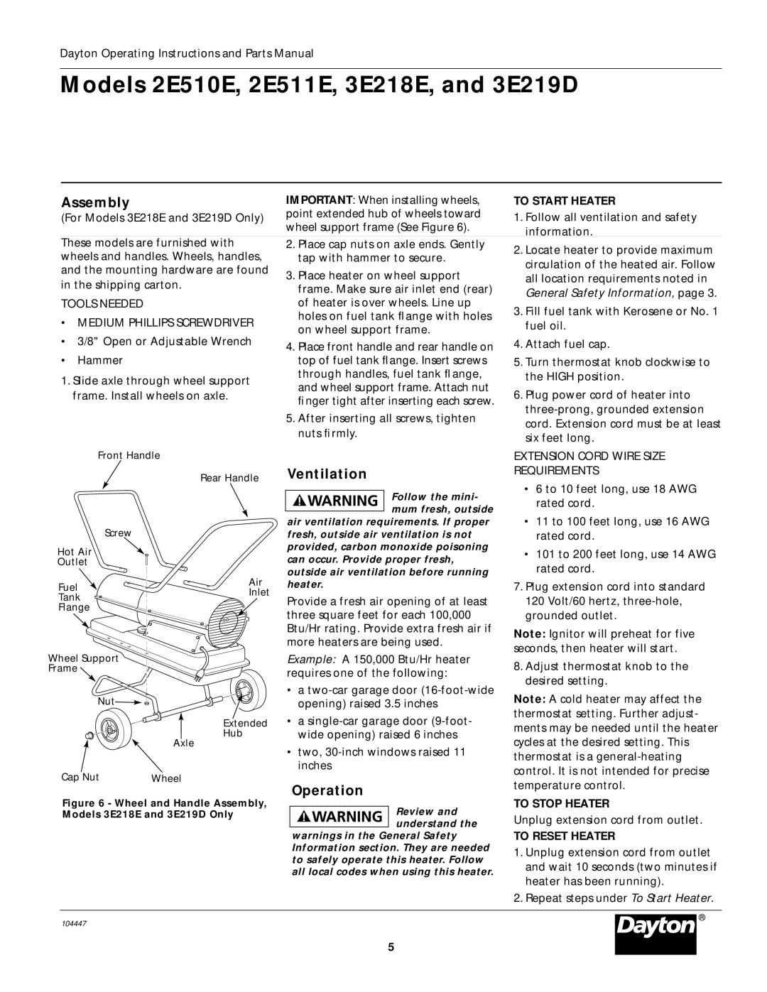 Dayton 2E511E, 3E219D, 2E510E specifications Assembly, Ventilation, Operation 