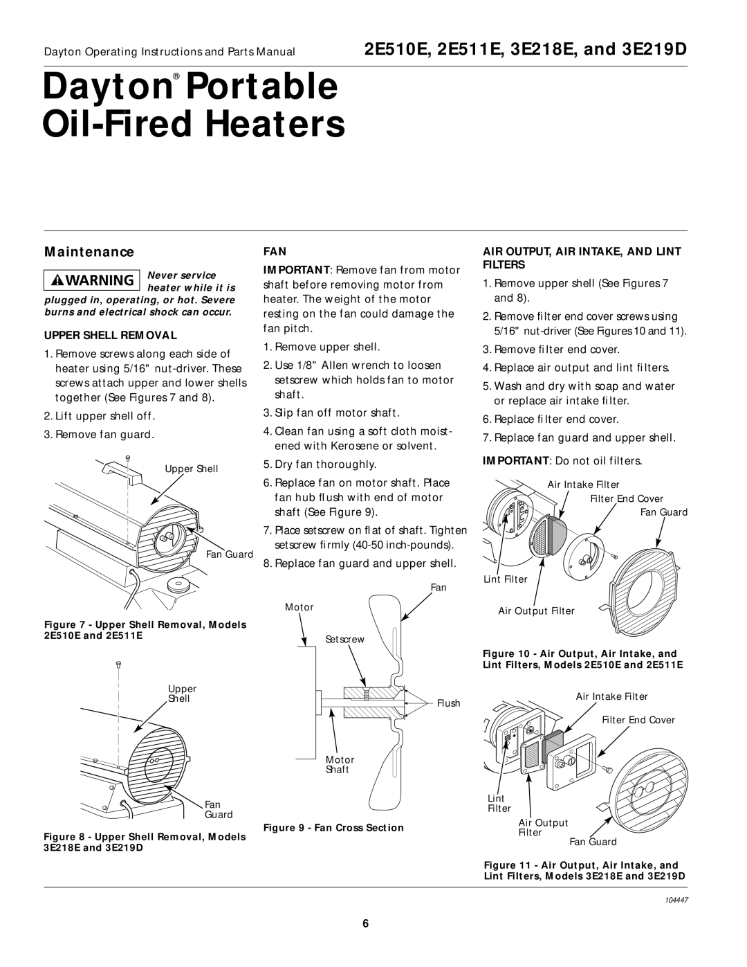 Dayton 3E219D, 2E510E, 2E511E specifications Maintenance, Upper Shell Removal, Fan, AIR OUTPUT, AIR INTAKE, and Lint Filters 