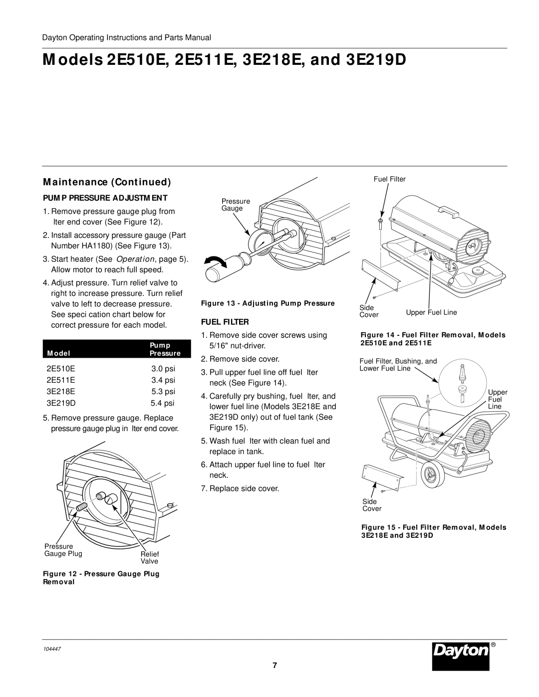 Dayton 2E510E, 3E219D, 2E511E specifications Pump Pressure Adjustment, Fuel Filter 