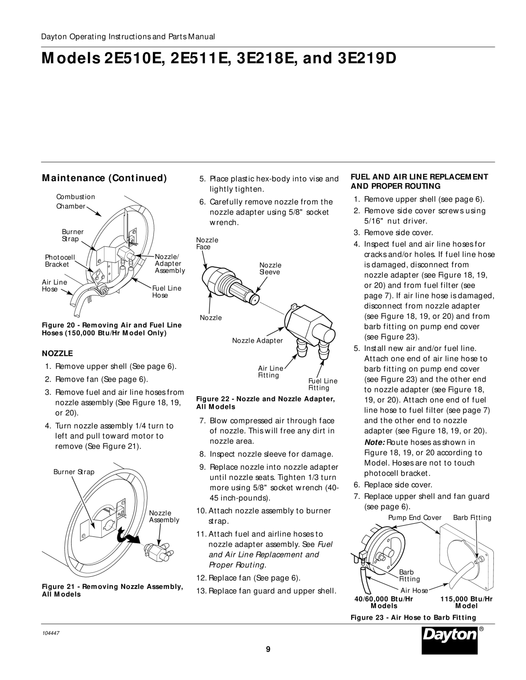 Dayton 3E219D, 2E510E, 2E511E specifications Fuel and AIR Line Replacement and Proper Routing, Nozzle 