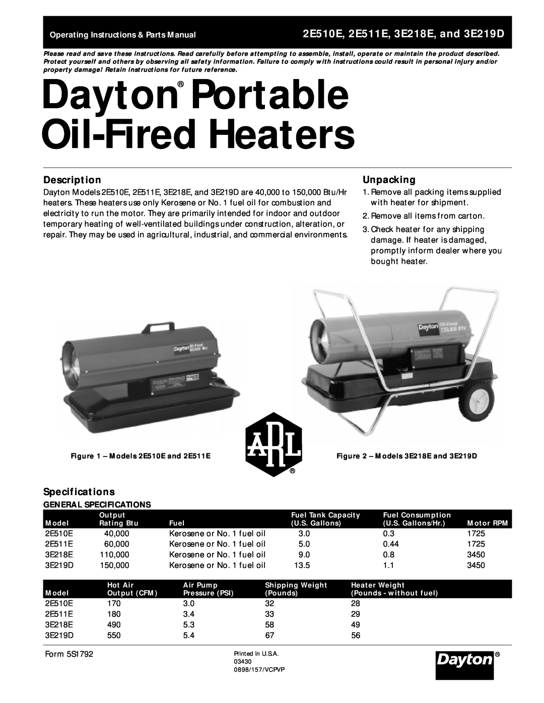 Dayton 2E510E, 3E219D specifications Description, Unpacking, General Specifications, Dayton Portable Oil-FiredHeaters 